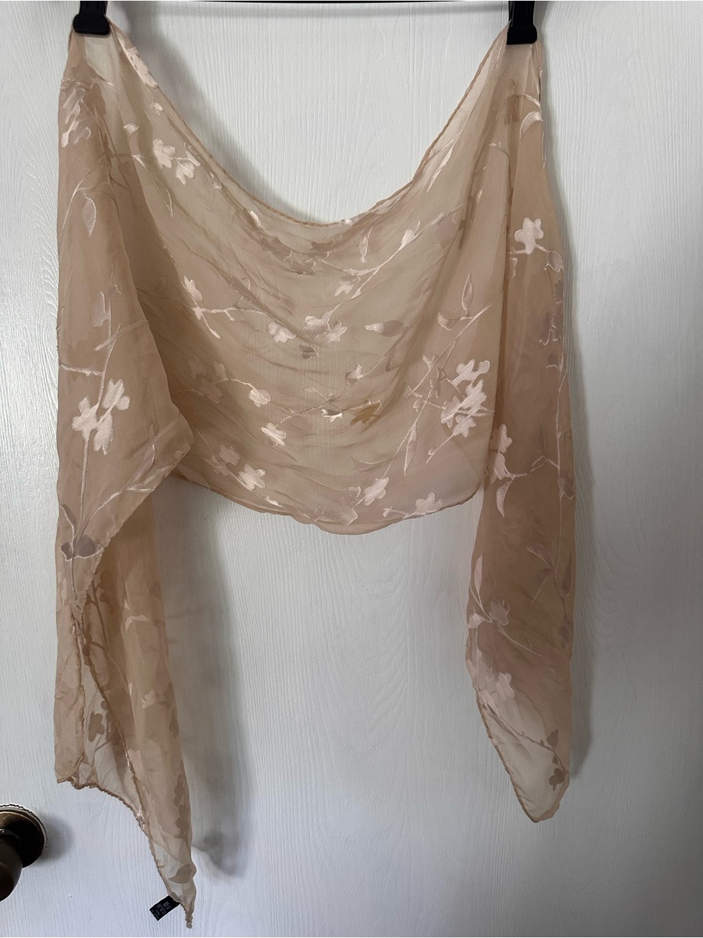 Silk Sheer Floral Embroidered Scarf in Nude